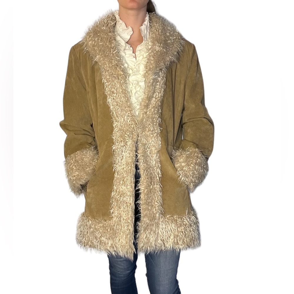 Vintage suede leather long faux fur sherpa trim beige long sleeve coat jacket - Picture 1 of 8